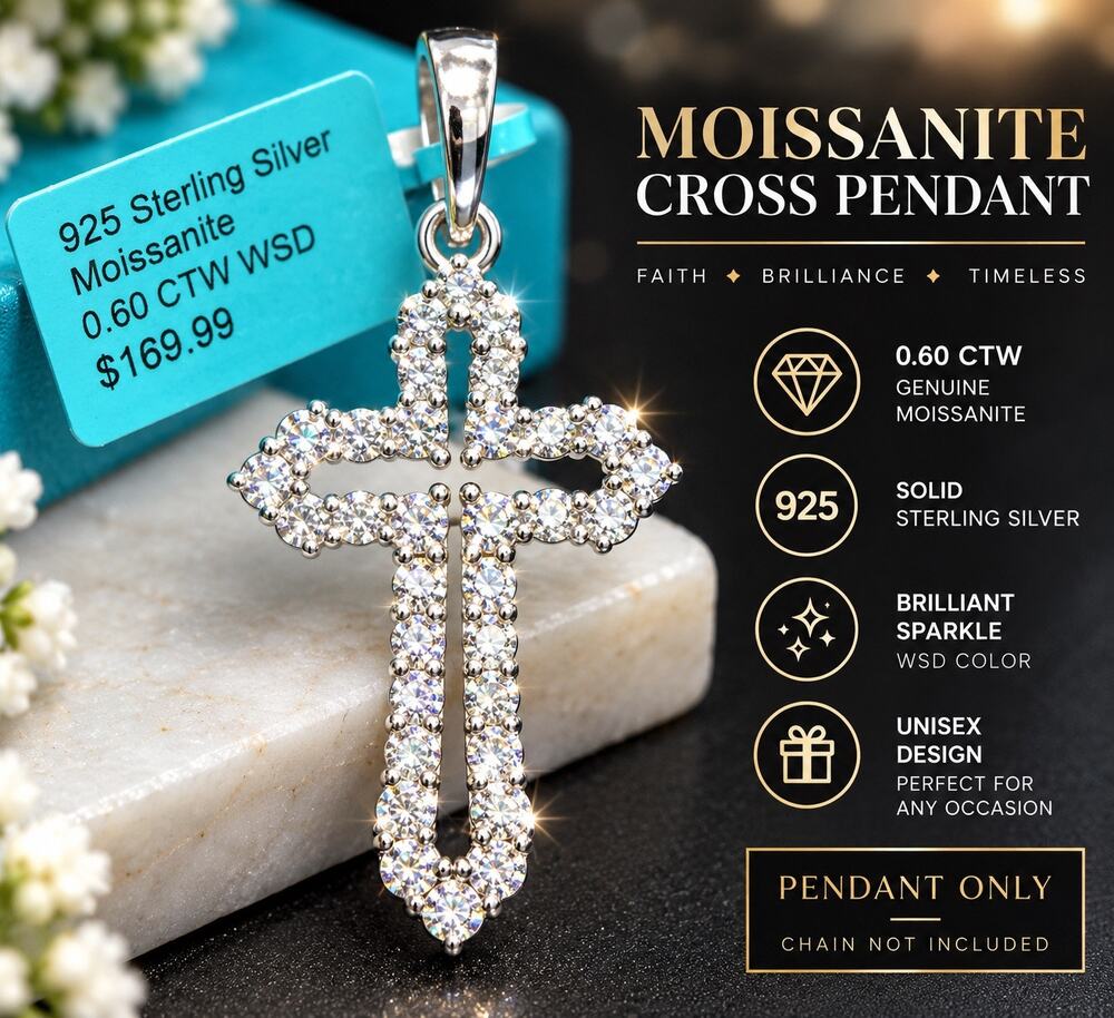 NWT Moissanite Cross Pendant 0.60 CTW 925 Sterling Silver Open Religious Jewelry